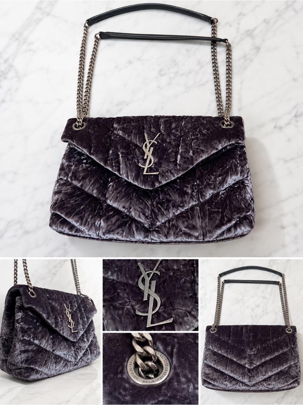 Saint Laurent Small Loulou Puffer Shoulder Bag in Iron Grey Crushed Velvet